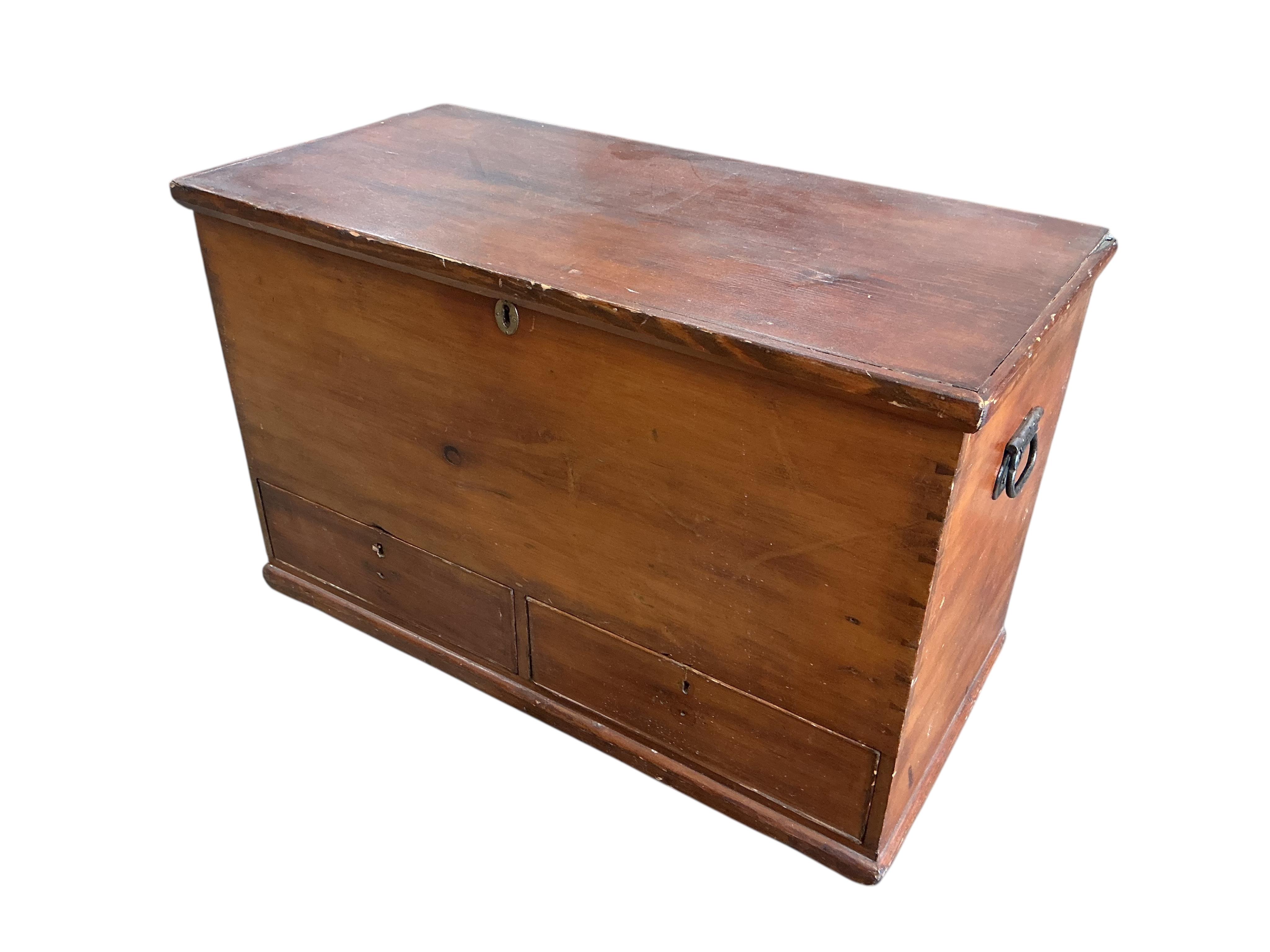 A Victorian pine two drawer trunk, width 94cm, depth 46cm, height 79cm